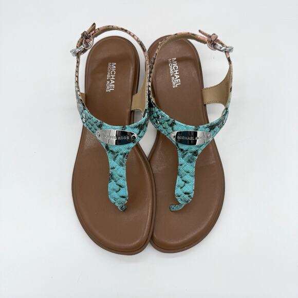 Michael Kors Women's MK‎ Logo Plate Sandal 7 Thong Turquoise Brown Reptile - Picture 3 of 6